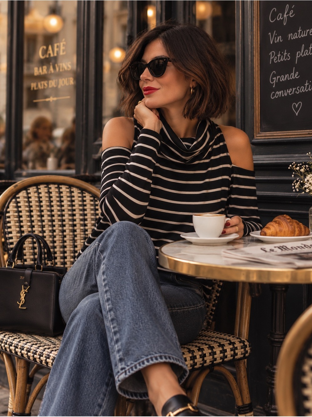 Stripped cold shoulder knit long sleeve